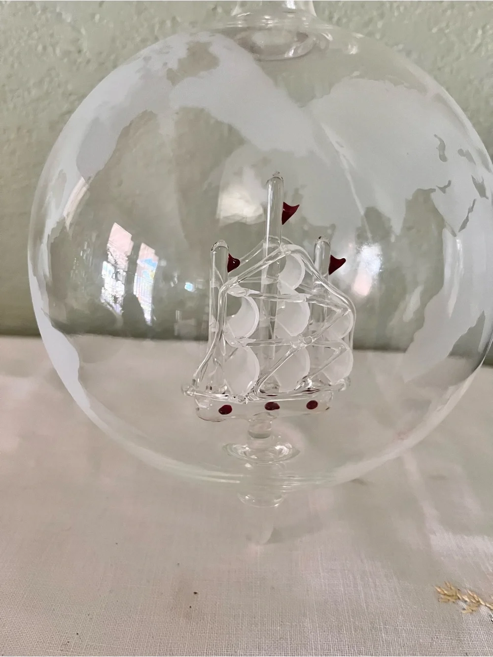 Vintage Glass Globe Ship Decanter on Wooden Stand Frosted World Map Barware